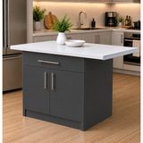 T Designo Korn Mutfak 1 Çekmeceli 2 Kapaklı Mutfak Adası-Alt Modül 130 cm - Çok Amaçlı Dolap -Beyaz Laminat Tezgah Dahil - Antrasit