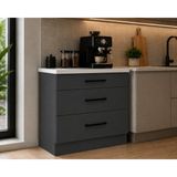 T Designo Şah Mutfak 3 Çekmeceli Alt Modül 80 cm - Çok Amaçlı Dolap - Beyaz Laminat Tezgah Dahil - Antrasit