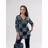 T Guel Kadın Kare Desenli Gri-Siyah V Yaka Simli Kazak - Gri - Siyah - Standart