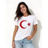 T-Shirt Kısa Kol Bisiklet Yaka Ay Yıldız Bayrak Baskılı Tişört - Beyaz - Beyaz / L