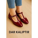 T-Strap Mary Jane Tasarım Babet - Bordo