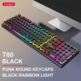 T-Wolf T80 Retro Punk Gaming Klavye Rainbow LED Aydınlatmalı 104 Tuşlu USB Kablolu Mekanik Hisli Oyuncu Klavyesi - Siyah