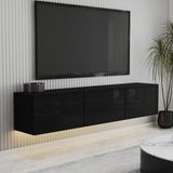 T0020 Alston 3 Kapaklı Duvara Monte Tv Ünitesi – LED Işıklı, Modern Tasarım, 160 cm - Parlak Siyah - Renk