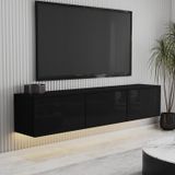 T0020 Alston 3 Kapaklı Duvara Monte Tv Ünitesi – LED Işıklı, Modern Tasarım, 160 cm, Parlak Siyah