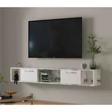 T006 Viero Mermer Desenli Duvara Monte Tv Sehpası – 160 Cm, Kapaklı Raflı Beyaz/Beyaz Mermer