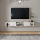 T006 Viero Mermer Desenli Duvara Monte TV Ünitesi – 160 cm, Kapaklı Raflı, Beyaz/Beyaz Mermer