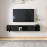 T006 Viero Mermer Desenli Duvara Monte TV Ünitesi – 160 cm, Kapaklı Raflı, Siyah/Siyah Mermer
