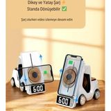 T20 15W 5’İ 1 Arada Magsafe Kablosuz Şarj İstasyonu, Dijital Saatli Forklift Tasarım, İphone 16/15/14/13/12, Apple Watch, Airpods Uyumlu Masaüstü Hızlı Şarj Standı (Beyaz)