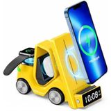 T20 15W 5’İ 1 Arada Magsafe Kablosuz Şarj İstasyonu, Dijital Saatli Forklift Tasarım, İphone 16/15/14/13/12, Apple Watch, Airpods Uyumlu Masaüstü Hızlı Şarj Standı (Sarı)