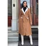 Taba Çift Taraflı Kruvaze Yaka, Kuşaklı, Yumoş Dokulu, Duble Kaşe Uzun Ceket - 42