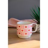 Tabak Evi Porselen Pembe Damalı Kalp Istifli Kupa Kırmızı Fileli 250CC - Renkli - 250 ml