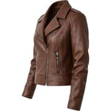 Tabakhanem Kadın Hakiki Deri Ceket - Kahverengi Asimetrik Fermuarlı Biker Ceket - 4XL
