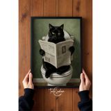 tablodea Retro Tuvalette Gazete Okuyan Siyah Kedi Tablosu – Esprili Kedili Banyo ve WC Tablosu - TD Müze Kalitesi Bakı ve Doğal Ahşap Çerçeveli