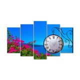 Tablolife 60x100 cm Deniz ve Çiçekler Saatli 5 Parçalı Kanvas Tablo