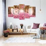 Tablolife Pembe Yapraklı Yol Saatli 60x100 cm 5 Parçalı Kanvas Tablo