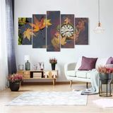 Tablolife Suda Güz Yaprakları 75 x 150 cm Saatli 5 Parçalı Kanvas Tablo