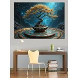 Tablomega Altın Işıklı Bonsai Ağacı Dekoratif Kanvas - Mdf Ahşap Tablo