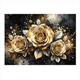Tablomega Altın Rengi Güller Dekoratif Ahşap Tablo 35cm X50cm