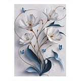 Tablomega Beyaz Çiçekler Mavi Kelebekler Modern Ahşap Tablo 25cmx 35cm