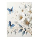 Tablomega Beyaz Çiçekler Ve Mavi Kelebekler Modern Ahşap Tablo 25cmx 35cm