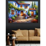 Tablomega Beyaz Çiçekli Akdeniz Evi Manzarası Dekoratif Kanvas - Mdf Ahşap Tablo - 35x50 Cm