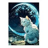 Tablomega Beyaz Kedi Ve Ay Hediyelik Ahşap Tablo 35cm X50cm