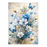 Tablomega Beyaz Ve Mavi Çiçekler Modern Ahşap Tablo 35cm X50cm