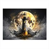 Tablomega Dolunay Ve Deniz Feneri Desenli Ahşap Tablo 25cmx 35cm