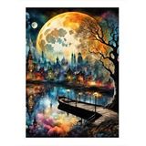 Tablomega Dolunay Ve Kasaba Manzarası Modern Ahşap Tablo 35cm X50cm