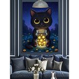 Tablomega Fenerli Karanlıkta Siyah Kedi Dekoratif Kanvas - Mdf Ahşap Tablo