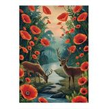Tablomega Gelincik Çiçekleri Ve Geyikler Desenli Mdf Tablo 25cmx 35cm