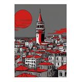 Tablomega Günbatımı Galata Kulesi Çizimi Modern Ahşap Tablo 25cmx 35cm