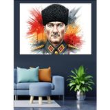 Tablomega Kalpak Başlıklı Mustafa Kemal Atatürk Sulu Boya Portre Dekoratif Kanvas - Mdf Ahşap Tablo