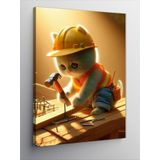 Tablomega Kanvas Tablo Çivi Çakan Sarı Baretli İnşaatçı Kedi
