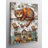 Tablomega Kanvas Tablo Desenli Kedi Ve Kuşlar