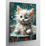 Tablomega Kanvas Tablo Duş Yapan Beyaz Kedi