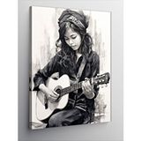 Tablomega Kanvas Tablo Siyah Beyaz Gitar Çalan Kadın