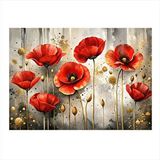 Tablomega Kırmızı Gelincik Çiçekleri Modern Ahşap Tablo 35cm X50cm