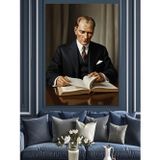 Tablomega Kitap Okuyan Atatürk Resmi Dekoratif Kanvas - Mdf Ahşap Tablo
