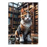 Tablomega Kütüphane Ve Kedi Hediyelik Ahşap Tablo 25cmx 35cm