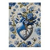Tablomega Mavi Çiçekler Ve Kalp Dekoratif Ahşap Tablo 35cm X50cm