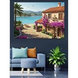 Tablomega Mor Çiçekli Akdeniz Evi Dekoratif Kanvas - Mdf Ahşap Tablo