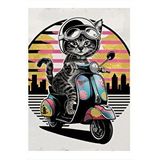 Tablomega Motosiklet Kullanan Kedi Desenli Ahşap Tablo 25cmx 35cm