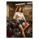 Tablomega Motosiklette Oturan Retro Kadın Dekoratif Kanvas - Mdf Ahşap Tablo