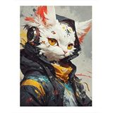 Tablomega Müzik Dinleyen Beyaz Kedi Desenli Ahşap Tablo 25cmx 35cm
