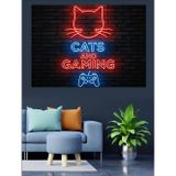 Tablomega Neon Kedi Oyun Tabelası Dekoratif Kanvas - Mdf Ahşap Tablo