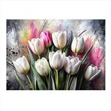 Tablomega Pembe Beyaz Laleler Desenli Ahşap Tablo 25cmx 35cm