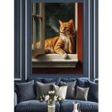 Tablomega Pencere Önünde Kedi Manzara Dekoratif Kanvas - Mdf Ahşap Tablo