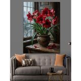Tablomega Pencere Önünde Kırmızı Amaryllis Çiçeği Dekoratif Kanvas - Mdf Ahşap Tablo