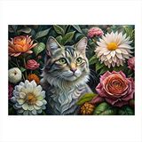 Tablomega Renkli Çiçekler Ve Kedi Desenli Ahşap Tablo 35cm X50cm